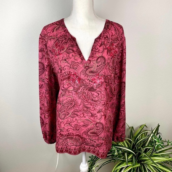 Venezia, Plus Size 22/24 Long Sleeve V-Neck Paisley Embroidered Pink Blouse EUC - Picture 1 of 9